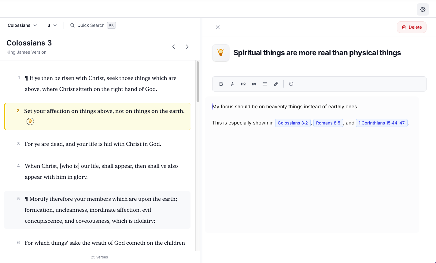 Creating an atomic note in Forge with the insight 'Spiritual things are more real than physical things' from Colossians 3, showing the Bible text on the left and note editor on the right with linked references
