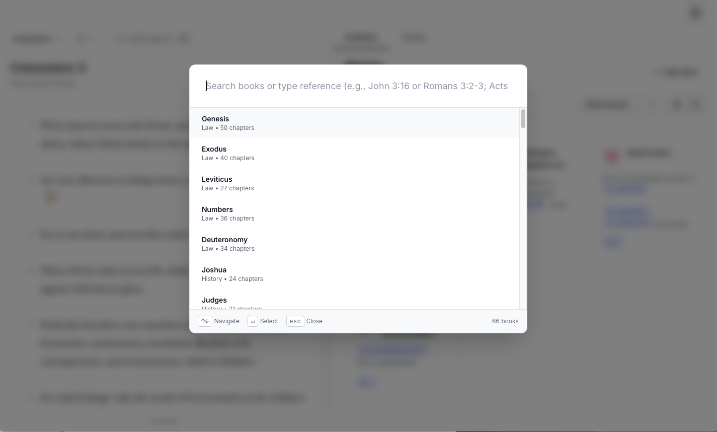 Forge's book search interface showing a searchable list of Bible books including Genesis, Exodus, Leviticus, Numbers, Deuteronomy, Joshua, and Judges with their chapter counts