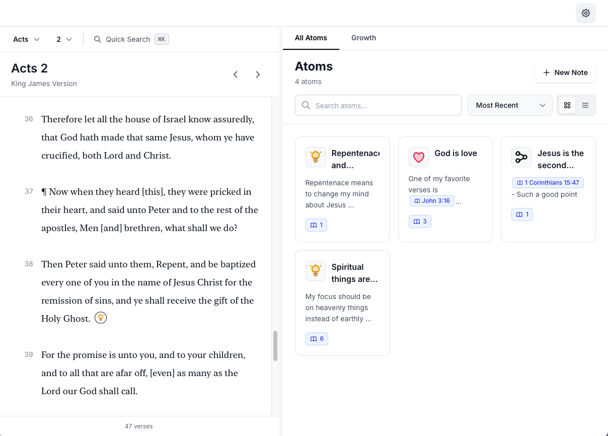 Forge app interface showing Bible text on the left and atomic notes on the right, with note icons visible in Scripture