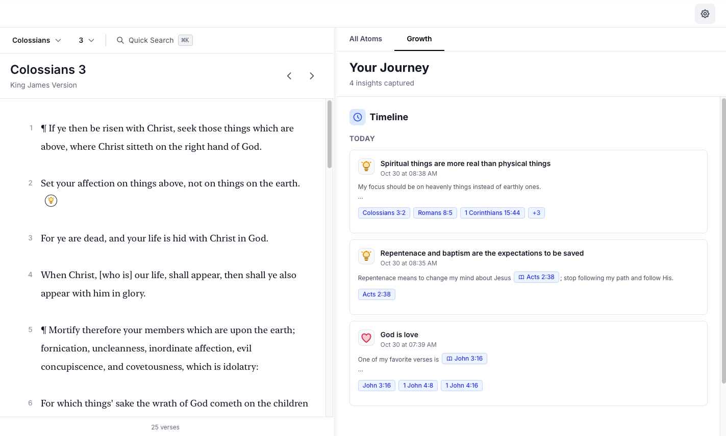 Forge's timeline view showing 'Your Journey' with captured insights over time, including notes about spiritual truths, repentance, and God's love with their associated Bible references